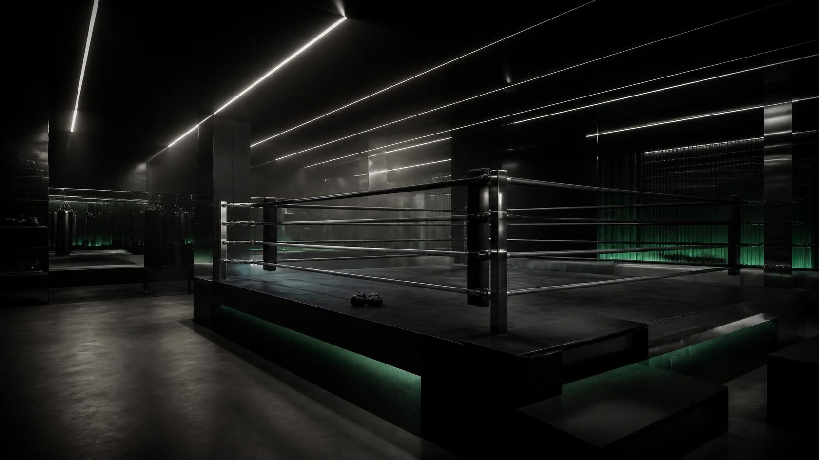 Full-size boxing ring under industrial lighting
