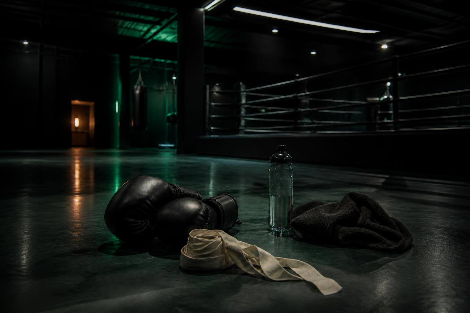 Gloves, wraps and a bottle left on the floor after training