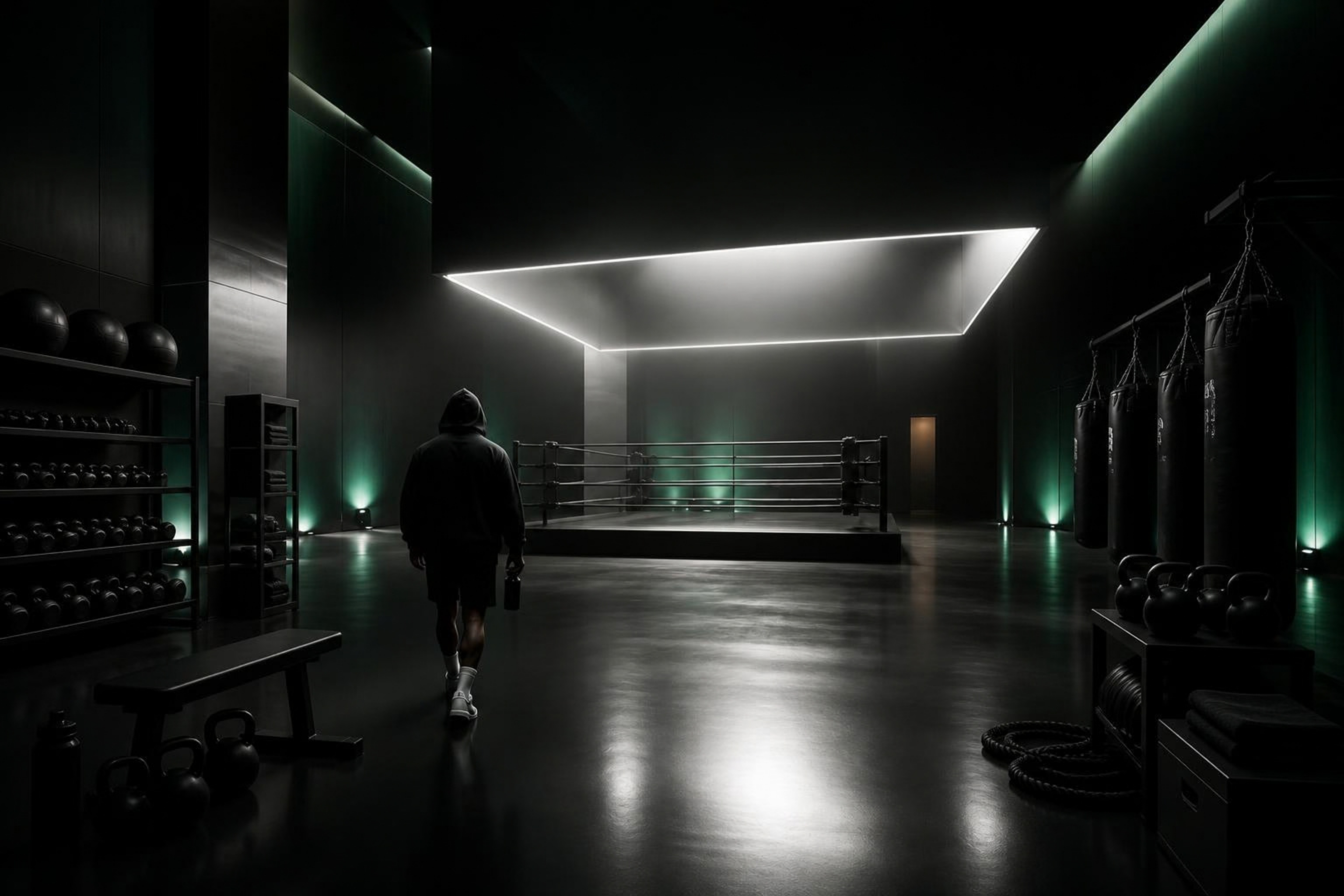 Athlete walking across an empty late-night boxing gym